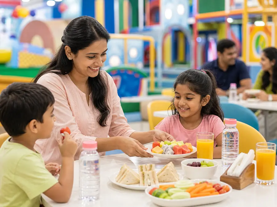 Colorful healthy snacks arranged for an Indian children party